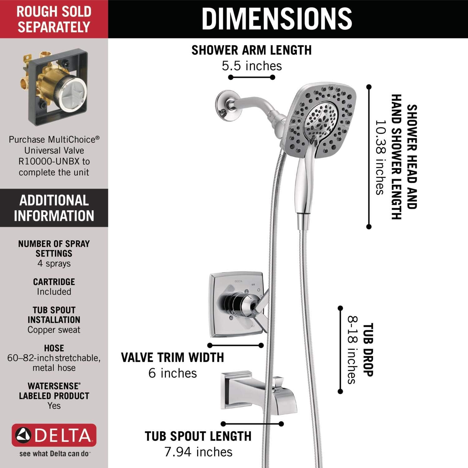 Delta Faucet Ashlyn 17 Series Dual-Function Tub and Shower Trim Kit with 2-Spray Touch-Clean In2ition 2-in-1 Hand Held Shower Head with Hose, Chrome T17464-I (Valve Not Included)