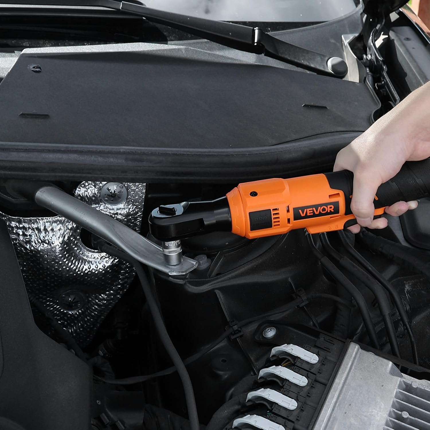 VEVOR Cordless Ratchet Wrench, 3/8 inch Drive, 230 RPM, up to 88 ft-lbs of Torque, Battery Powered Electric Ratchet Wrench Set with Two 2.0Ah Batteries, Charger, Sockets, Adaptors and Cloth Bag