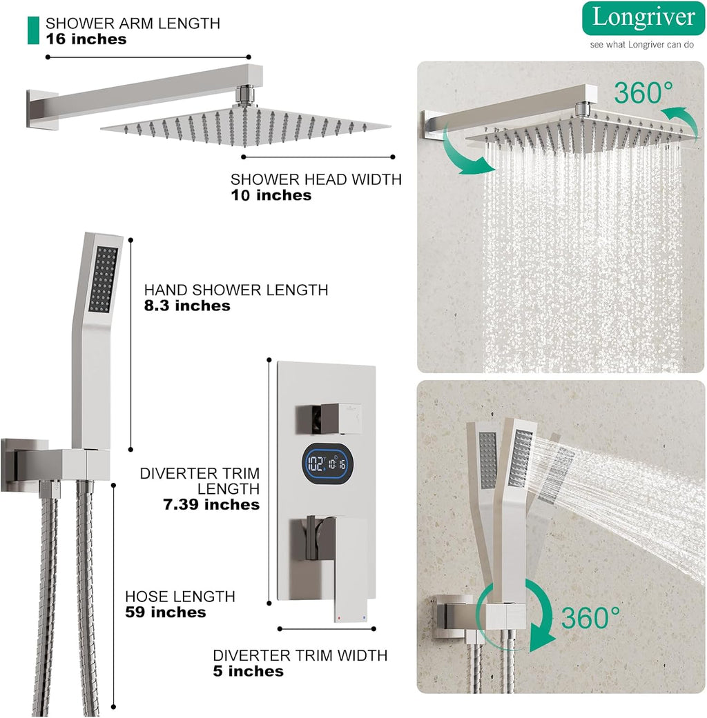 Shower Faucet Set with Hydro Power Temperature Display, Shower System Bathroom 10 Inches Shower Head with Handheld Spray, Wall Mounted Shower Fixtures with Shower Valve and Trim Kit, Brushed Nickel