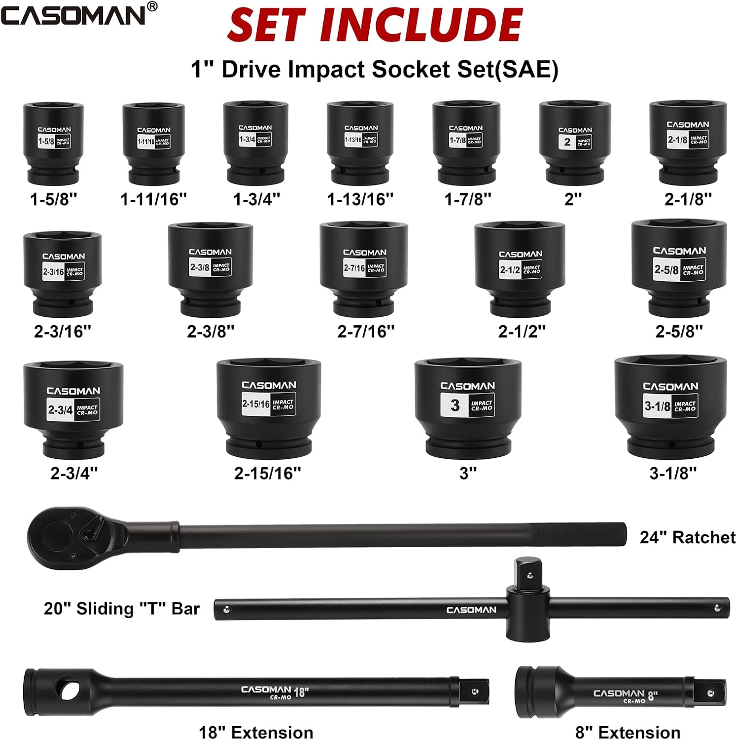 CASOMAN 21-Piece 1' Drive Jumbo Impact Socket Set, 6-Point, Shallow Large Socket Set, SAE (1-5/8' to 3-1/8'), Includes Extension Bars, Ratchet, CR-MO Steel