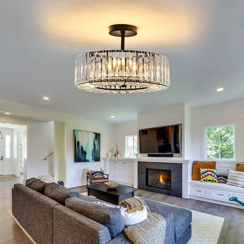 Piepooye 4 Lights Modern Crystal Chandelier Black Round Semi Flush Mount Ceiling Light Fixture Farmhouse Chandelier for Dinning Room Living Room Bedroom Hallway Entryway Kitchen