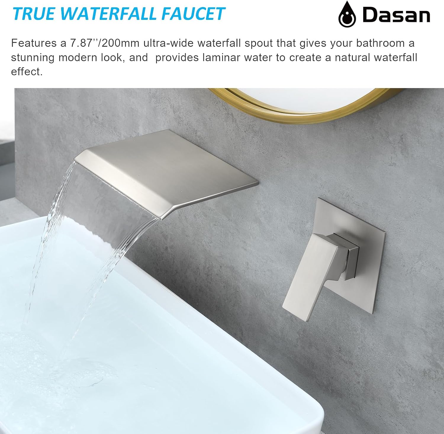 DASAN Wall Mount Waterfall Bathroom Faucet Brushed Nickel in Wall Sink Faucet, Single Handle Wall Mounted Modern Faucet for Bathroom with Upgraded Rough in Valve, DA-TFD3BN-NH