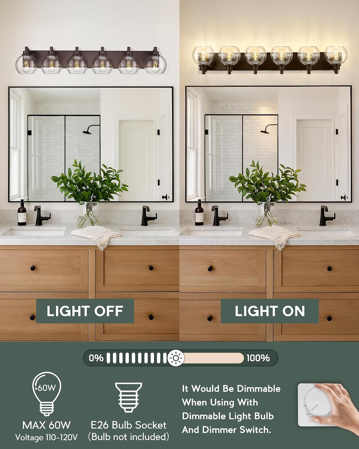 Oil Rubbed Bronze Bathroom Light Fixtures, 6-Light Bathroom Vanity Lights Over Mirror with Globe Clear Glass Shade, 38 Inch Modern Sconces Wall Lighting, VL195-ORB-6