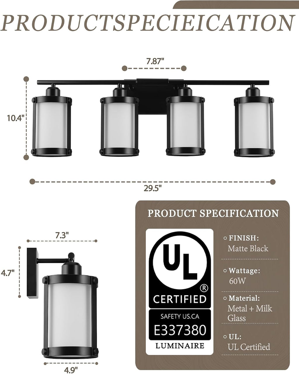 4-Light Black Bathroom Light Fixtures with Milk White Frosted Glass, 29' UL-Listed Modern Wall Sconce Over Mirror with Metal Cage for Bath, Hardwire E26, OS-3014BKW-4W