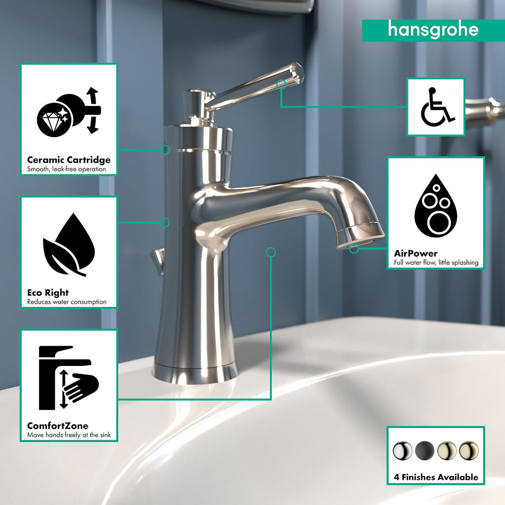 hansgrohe 4773830 Joleena 0.5 GPM Single-Hole Faucet with Pop-Up Drain, 7.75-Inches Tall, Polished Nickel