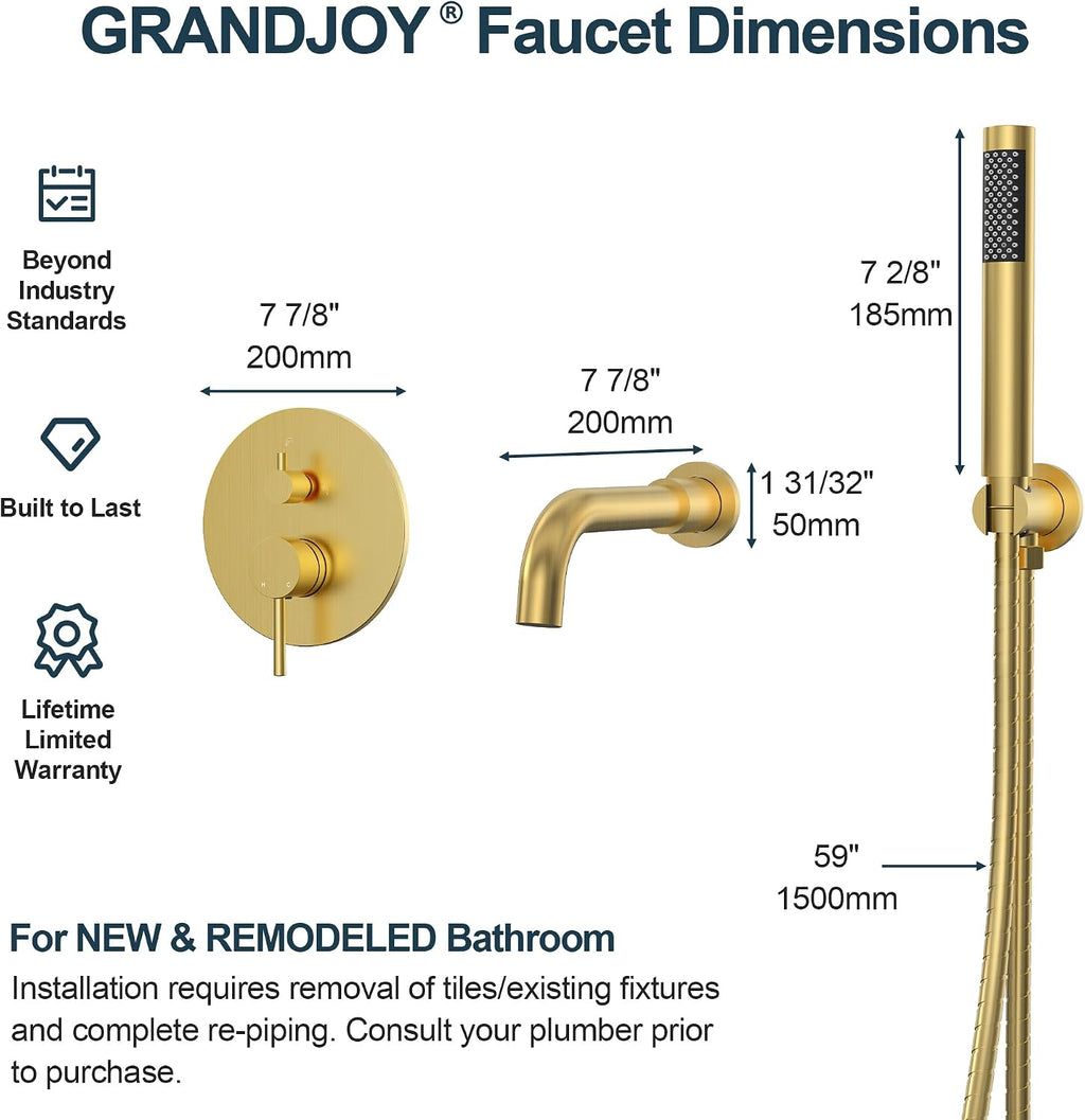 Brushed Gold Wall Mount Bathtub Faucet with Handheld Shower, High Flow Tub Filler, Solid Brass Rough-in Valve Included, Single Handle Bathroom Fixture