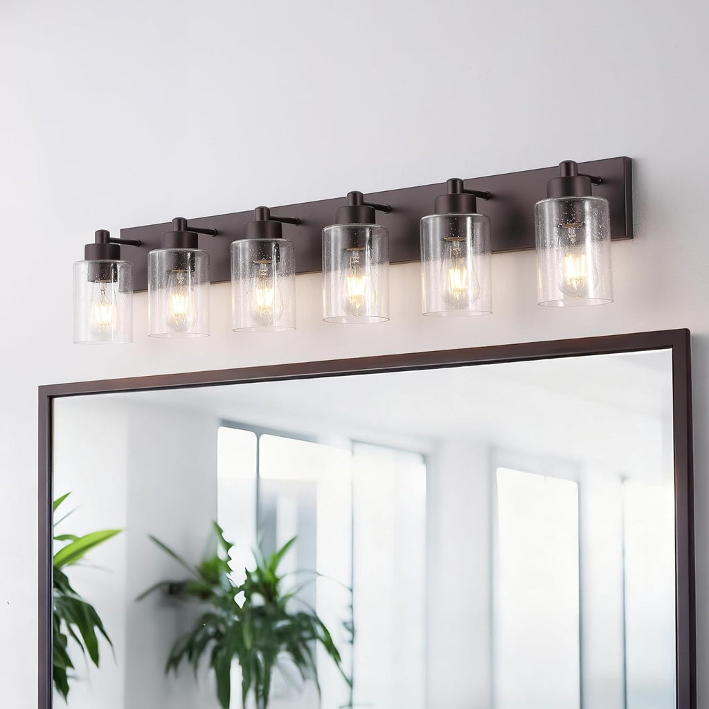 JONATHAN Y 40' Oil Rubbed Bronze/Clear 6-Light Modern LED Vanity Light for Bathroom Mirror, Mid-Century Wall Sconce with Clear Seeded Glass Shades, Contemporary Iron Fixture, LED Bulbs (JYL7621E)