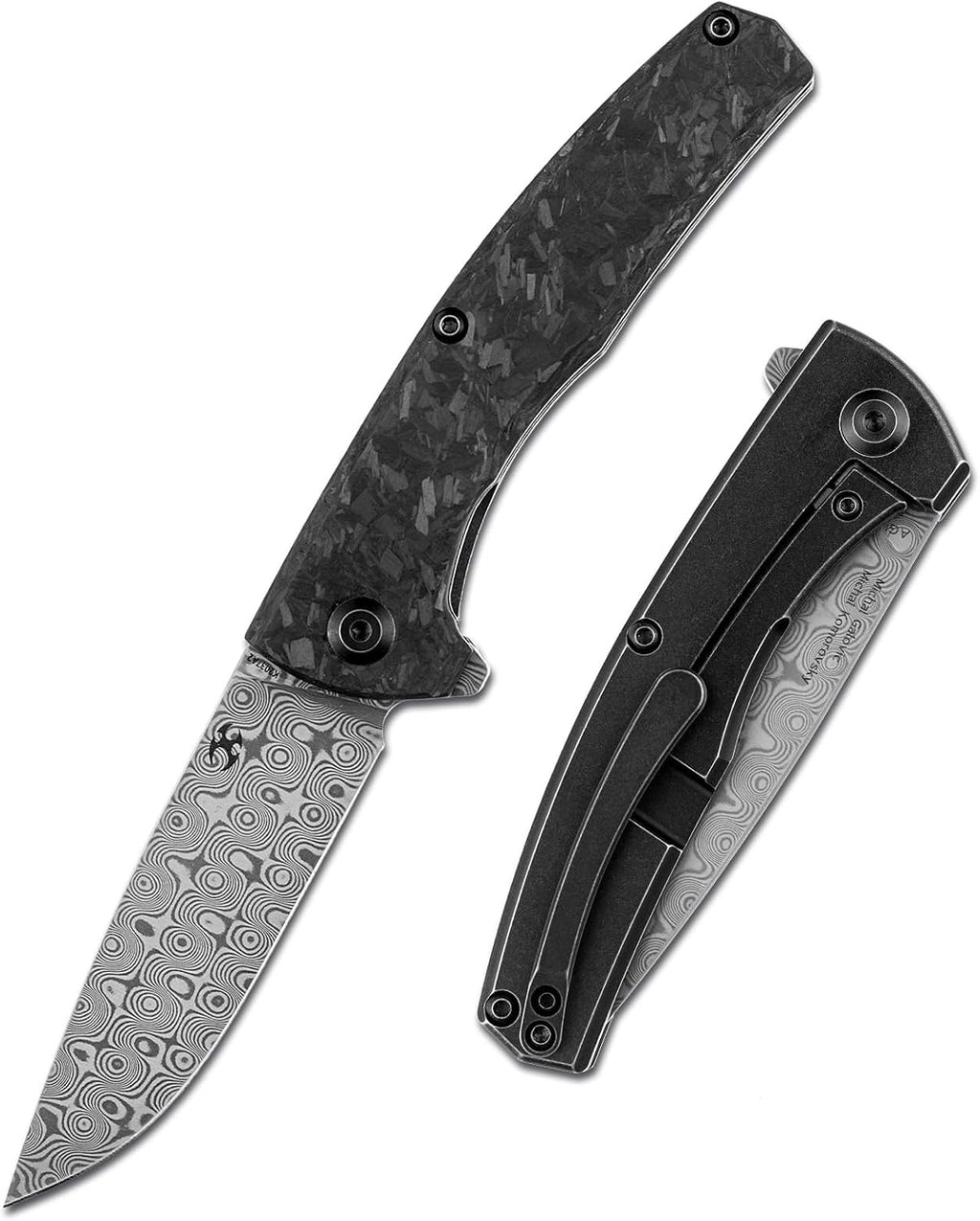KANSEPT AGI Pocket Folding Knives EDC Camping 2.94'' Dmascus Material Pocket Folding Knife with Twill Carbon Fiber + Black Stonewashed Titanium Handle Everyday Carry K2037A2
