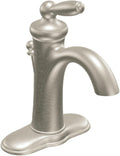 Moen Brantford Brushed Nickel One-Handle Traditional Low-Arc Bathroom Faucet with Optional Deckplate and Available Vessel Sink Extension Kit, 6600BN
