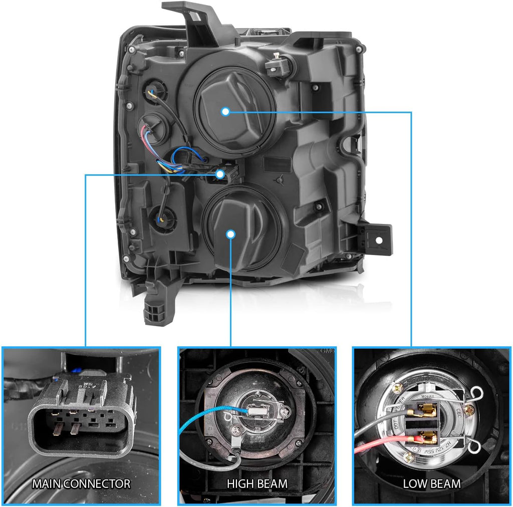 AmeriLite for 2015-2019 Chevy Silverado 2500HD 3500HD Pickup w/Switchback LED Tube All Dark Black Square Projector Headlights Assembly Set - Passenger and Driver Side