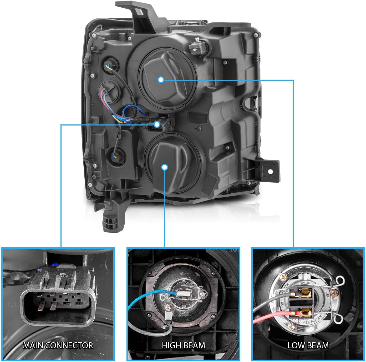 AmeriLite for 2015-2019 Chevy Silverado 2500HD 3500HD Pickup w/Switchback LED Tube All Dark Black Square Projector Headlights Assembly Set - Passenger and Driver Side