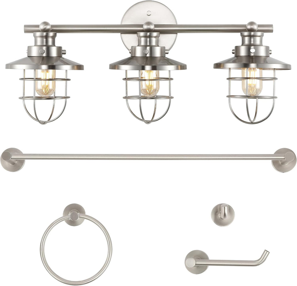 JONATHAN Y JYL1506B Ellis 24' 3-Light Industrial Farmhouse Vanity Light with Bathroom Hardware Accessory Set, Brushed Nickel (5-Piece) - Towel Bar & Ring, Toilet Paper Holder, Robe Hook