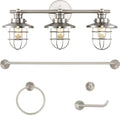 JONATHAN Y JYL1506B Ellis 24' 3-Light Industrial Farmhouse Vanity Light with Bathroom Hardware Accessory Set, Brushed Nickel (5-Piece) - Towel Bar & Ring, Toilet Paper Holder, Robe Hook