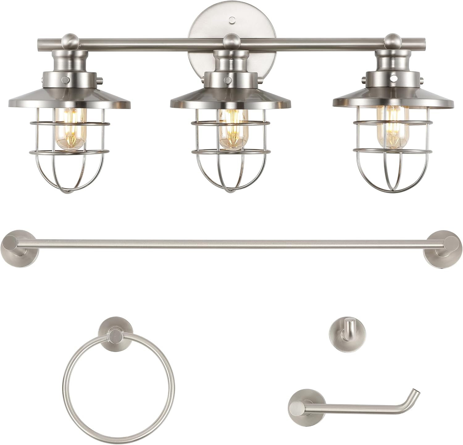 JONATHAN Y JYL1506B Ellis 24' 3-Light Industrial Farmhouse Vanity Light with Bathroom Hardware Accessory Set, Brushed Nickel (5-Piece) - Towel Bar & Ring, Toilet Paper Holder, Robe Hook