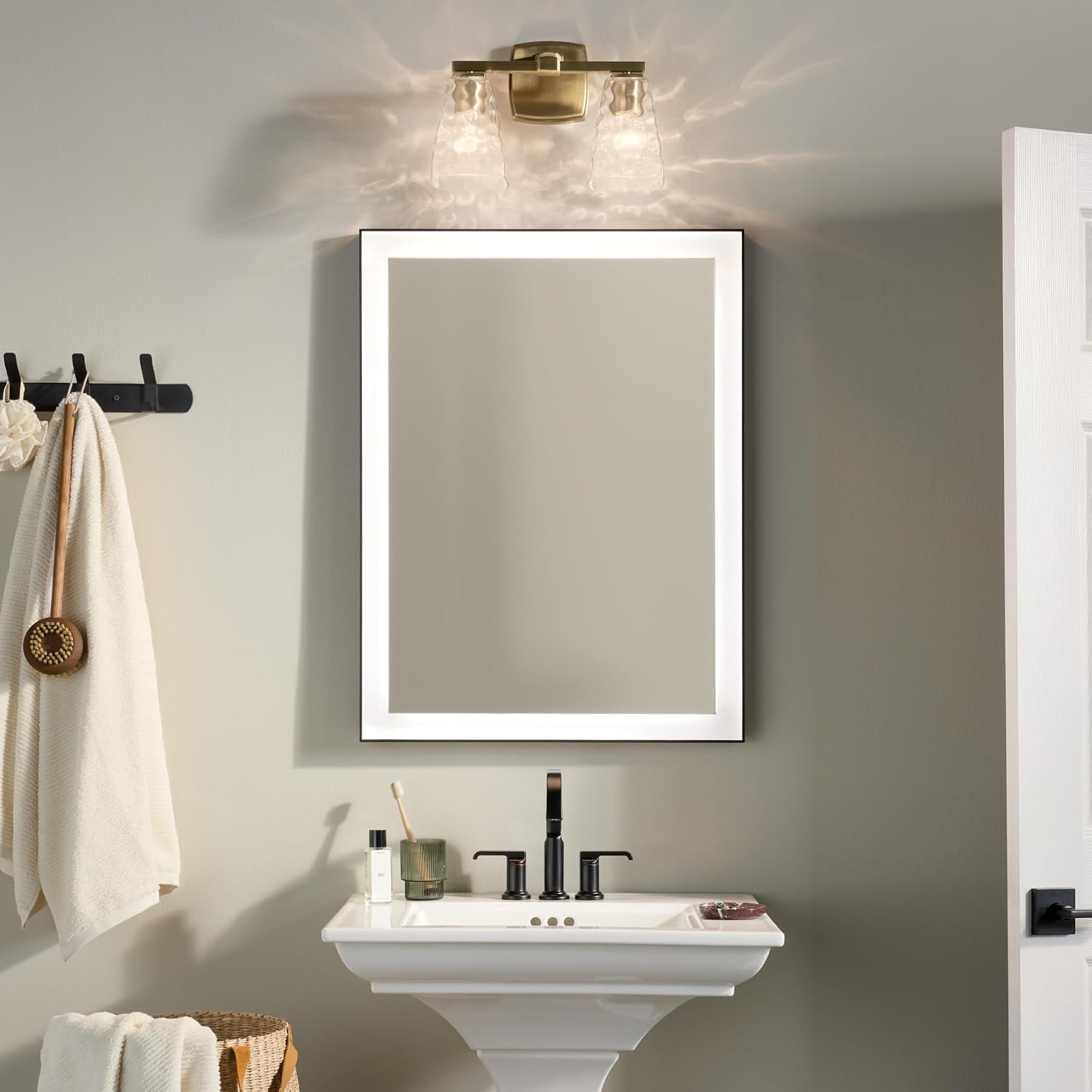Kichler Marant 14.25' 2-Light Bathroom Vanity Light Fixture with Clear Water Glass in Champagne Bronze for Powder Room Over Mirror (14.25' W x 9.5' H), 55215CPZWTR