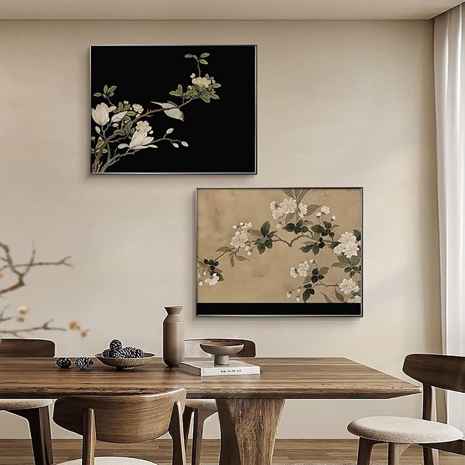 Breaker Box Cover Decorative, Hide Electrical Panel Cover Fuse Box Lid, Chinese Painting Poster with Flowers, for Living Room and Office(Black 1,60 * 50cm/23.6 * 19.7in)