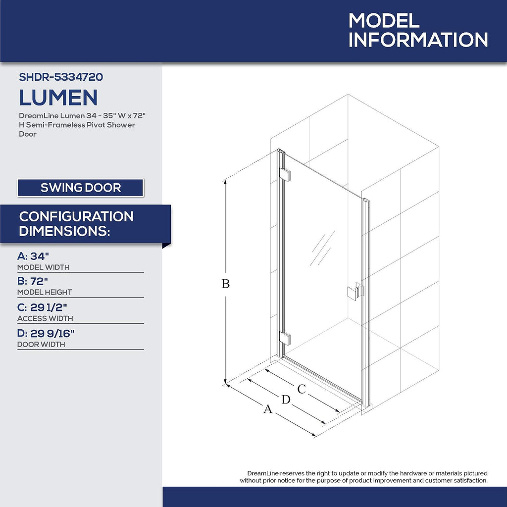DreamLine Lumen 34-35 in. W by 72 in. H Semi-Frameless Hinged Shower Door in Satin Black, SHDR-5334720-09