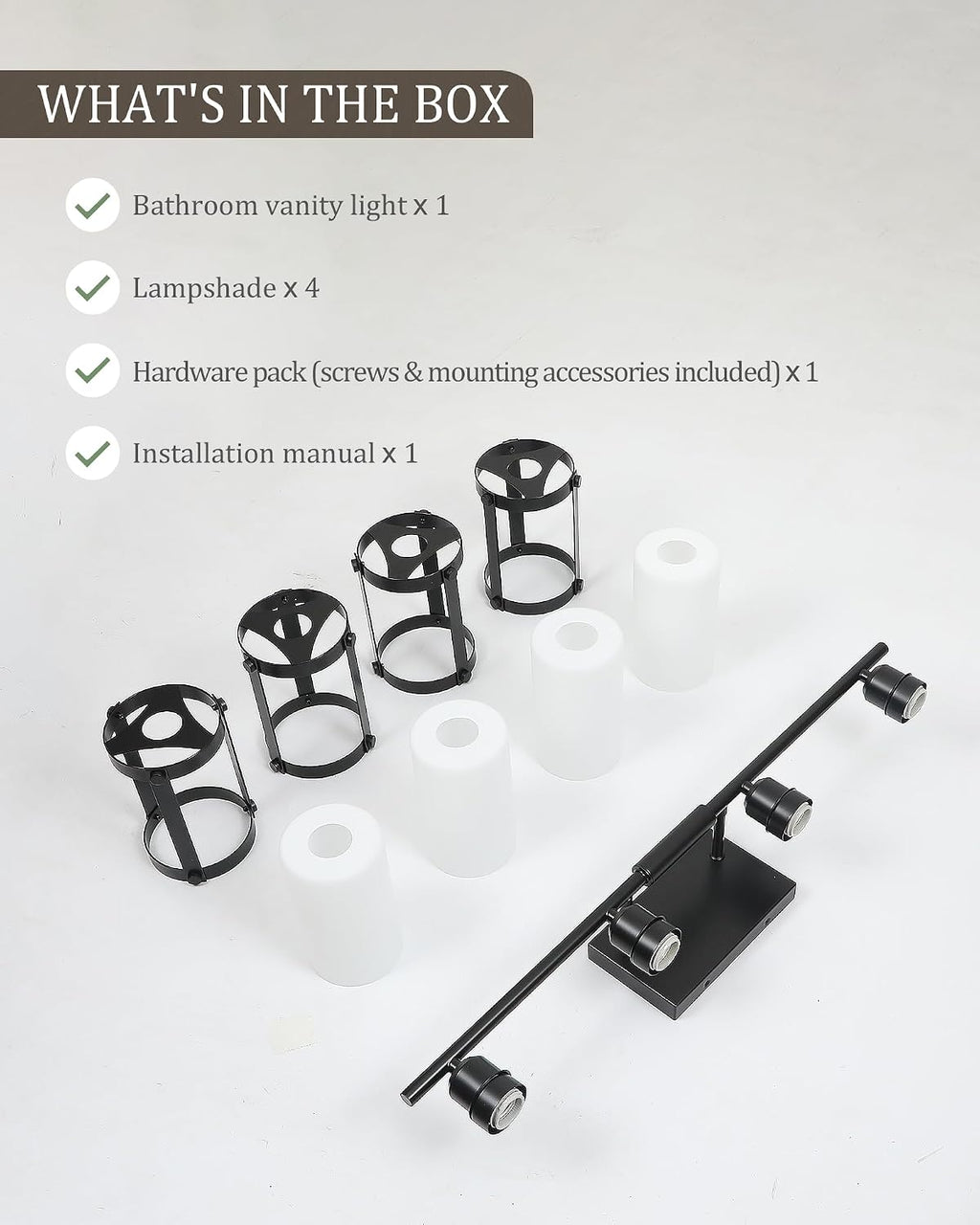 4-Light Black Bathroom Light Fixtures with Milk White Frosted Glass, 29' UL-Listed Modern Wall Sconce Over Mirror with Metal Cage for Bath, Hardwire E26, OS-3014BKW-4W