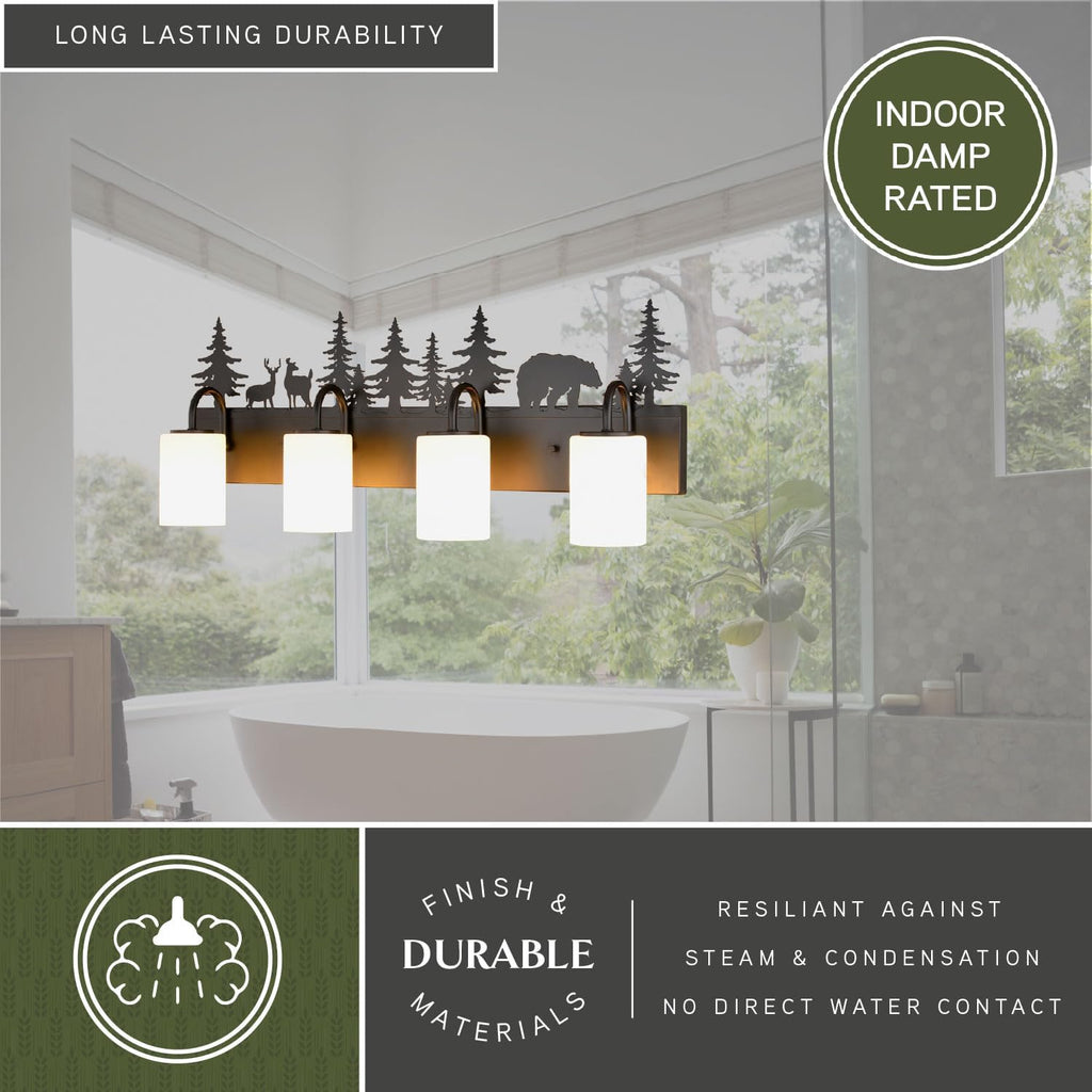 VAXCEL Acadia 4-Light 31.5 in. Wide Bronze Rustic Wildlife Bathroom Vanity Lighting Fixture with Nightlight, Frosted White Glass Shade, Dimmable, Over the Mirror Mounted Steel Wall Sconce