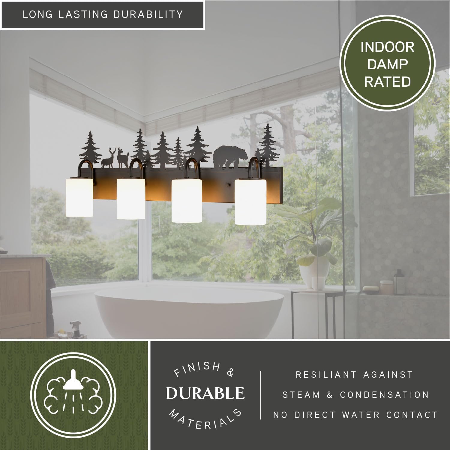 VAXCEL Acadia 4-Light 31.5 in. Wide Bronze Rustic Wildlife Bathroom Vanity Lighting Fixture with Nightlight, Frosted White Glass Shade, Dimmable, Over the Mirror Mounted Steel Wall Sconce
