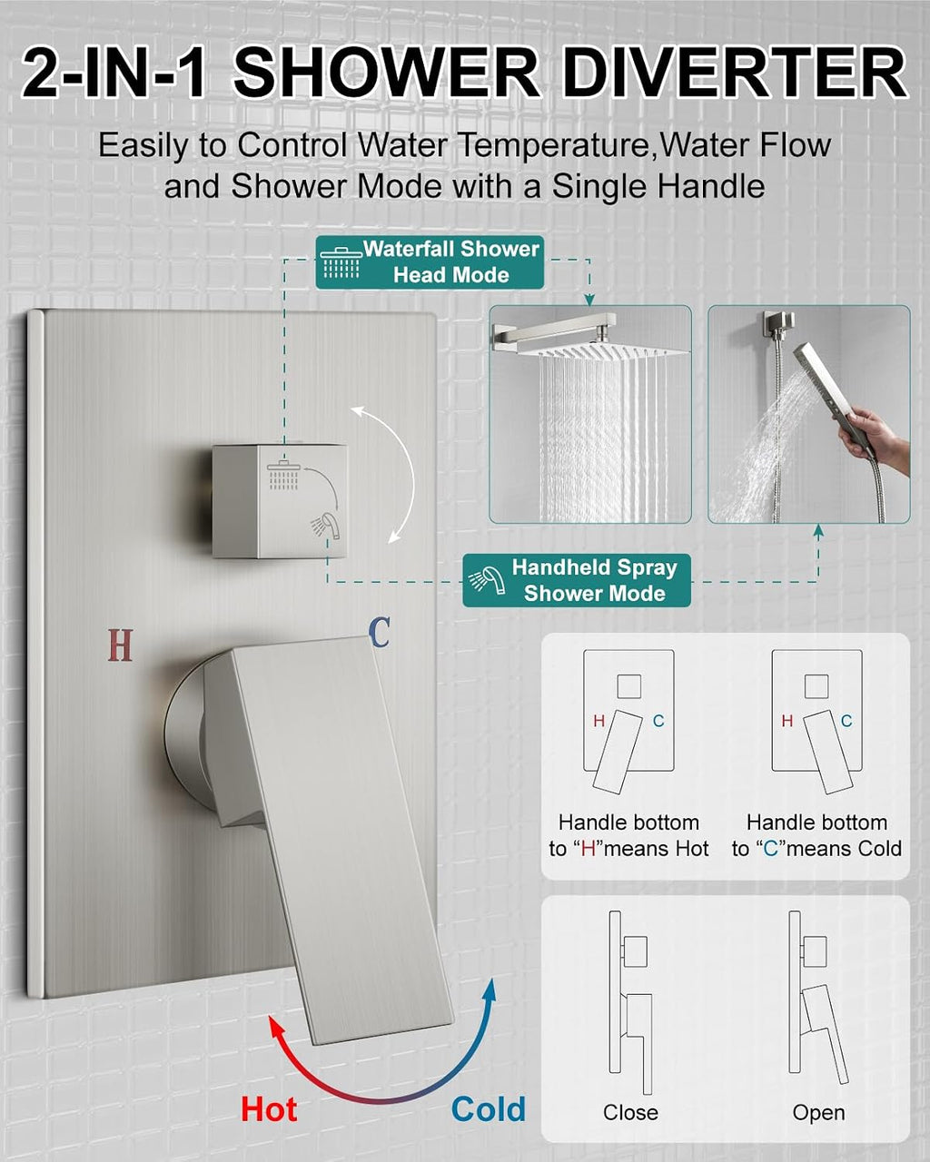 Shower Faucet Set Rainfall Shower System with Square Showerhead and Handle Set Fixture with 2 in 1 Function Handheld Sprayer Wall Mounted Trim Repair Kit Rough-in Valve 10 Inch Brushed Nickel