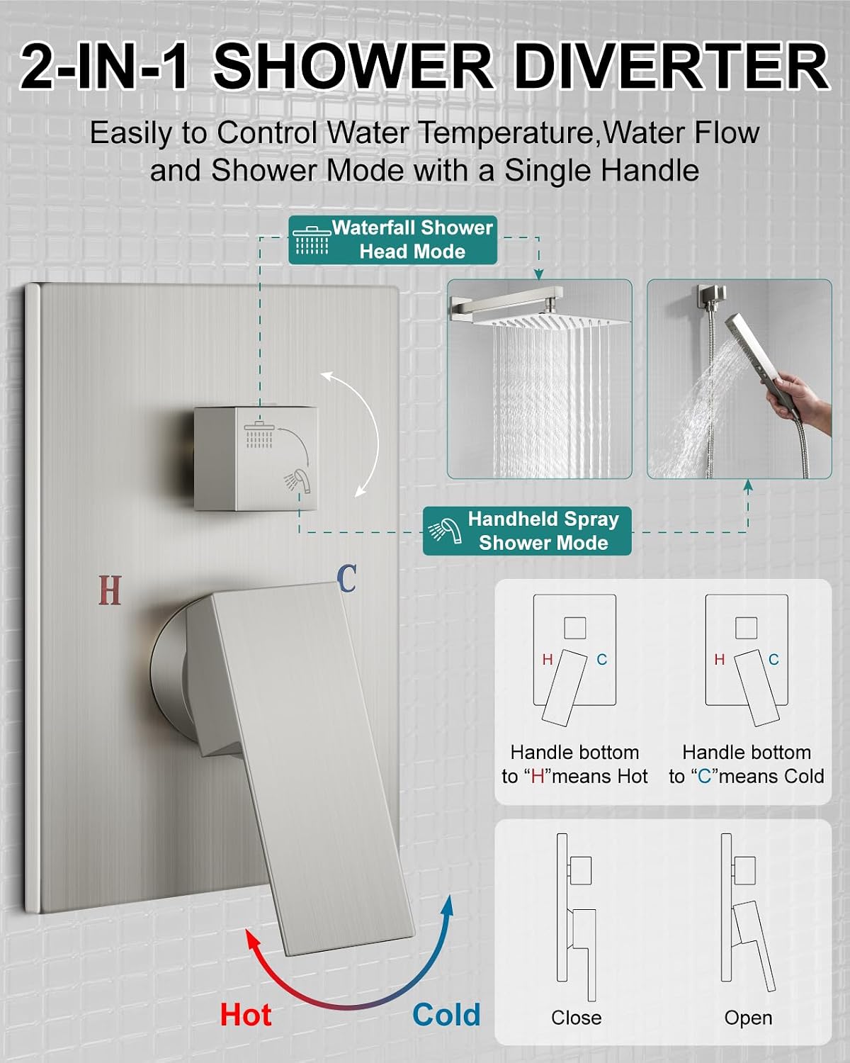 Shower Faucet Set Rainfall Shower System with Square Showerhead and Handle Set Fixture with 2 in 1 Function Handheld Sprayer Wall Mounted Trim Repair Kit Rough-in Valve 10 Inch Brushed Nickel