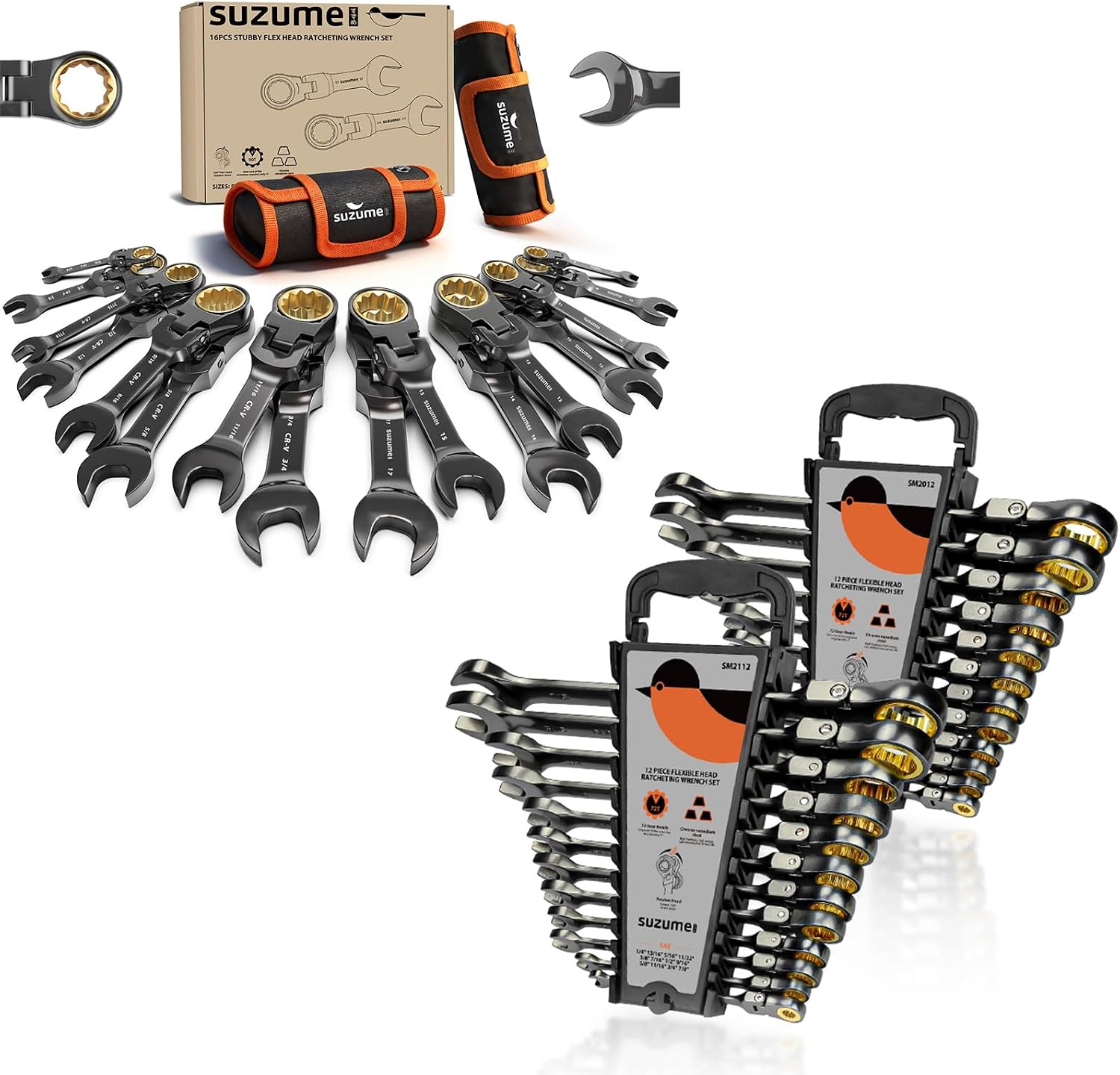 SUZUME 24-Piece Metric and SAE Flex Head Ratcheting Wrench Set & Flex Head Stubby Ratcheting Wrench Set