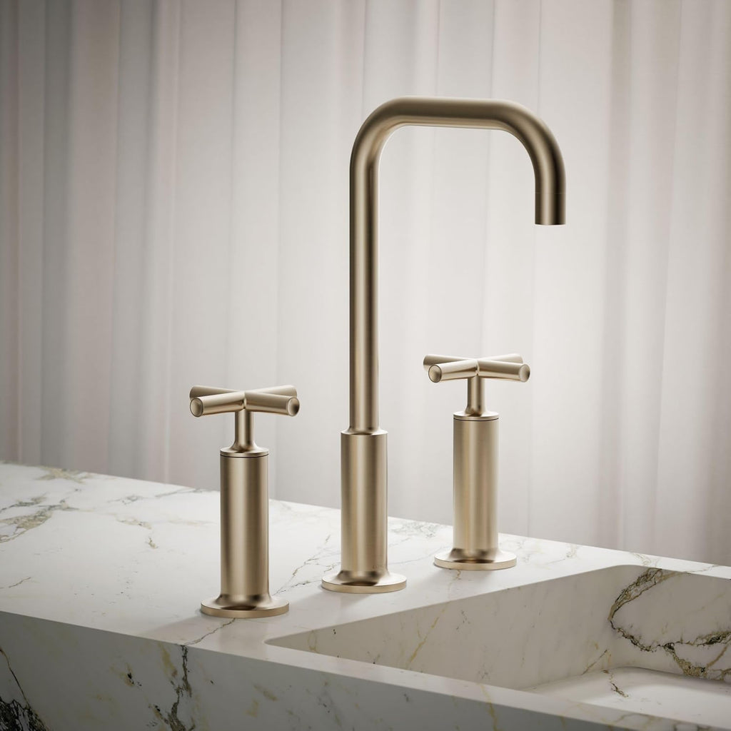 KOHLER K-14408-3-BN Purist® Widespread Bathroom Sink Faucet, 3-Hole, Widespread High Cross Handles and High Gooseneck Spout, 1.2 GPM, Vibrant Brushed Nickel