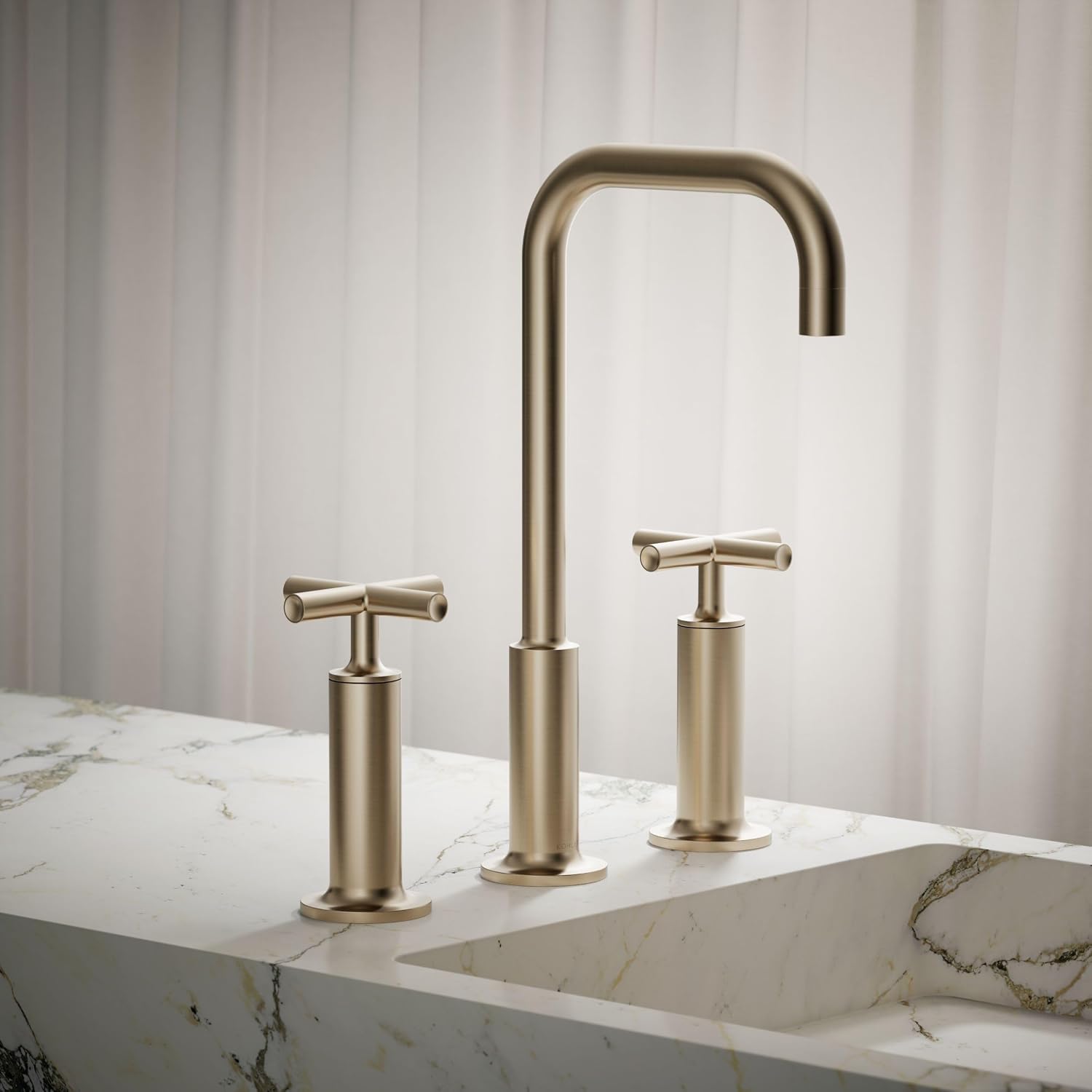 KOHLER K-14408-3-BN Purist® Widespread Bathroom Sink Faucet, 3-Hole, Widespread High Cross Handles and High Gooseneck Spout, 1.2 GPM, Vibrant Brushed Nickel