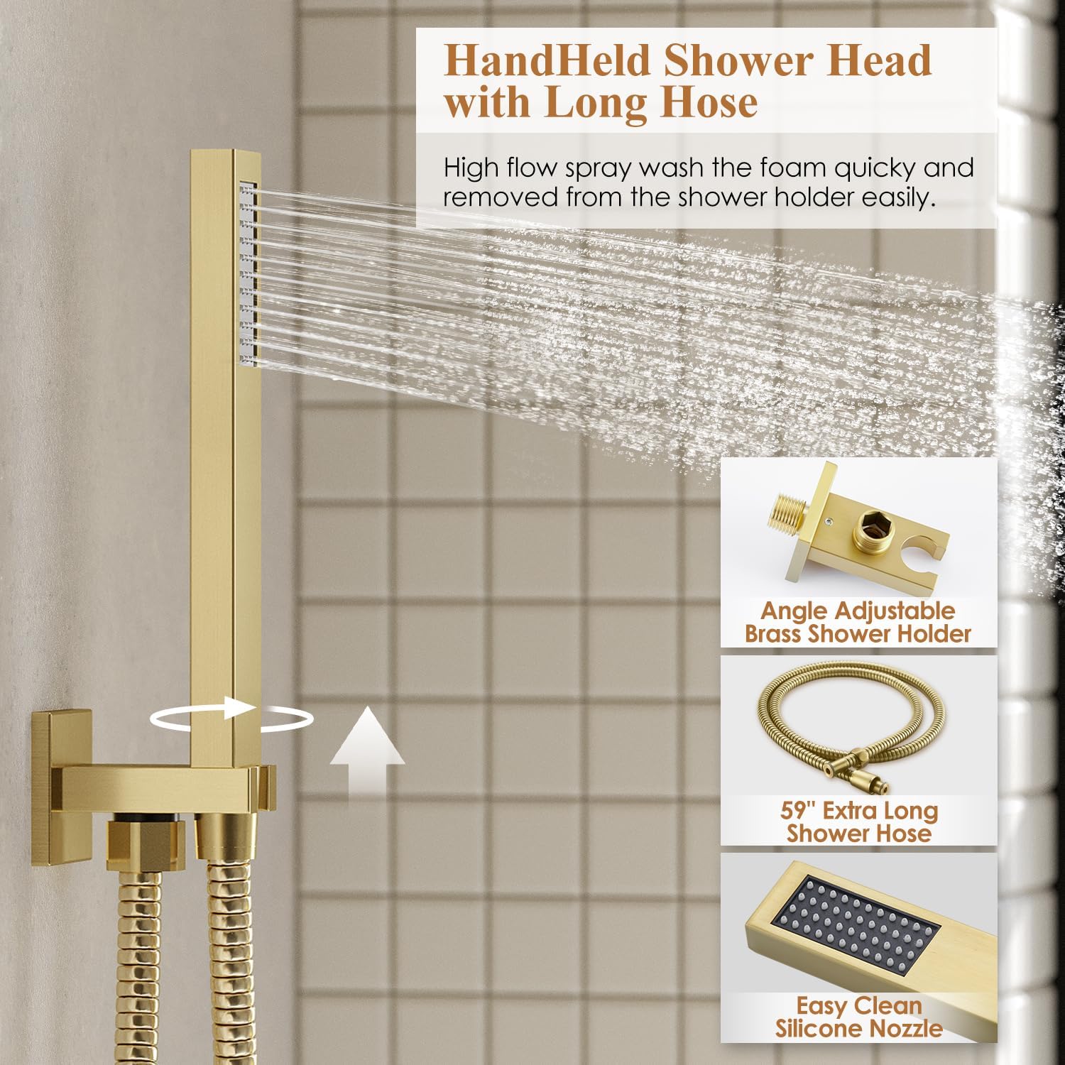 Kurpot Shower System, Gold Shower Faucet Set with Shower Valve and Trim Kit, 12 Inch Rain Shower Head with Handheld Spray, Brushed Gold Shower Head and Handle Set, High Pressure Shower Head System