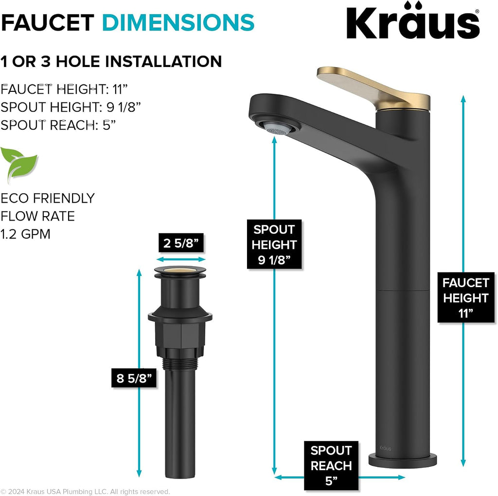 KRAUS Indy Bathroom Faucet for Vessel Sink in Spot-Free Brushed Brass/Matte Black with Single Handle, Pop Up Drain and Supply Lines, KVF-1410SFBBMB