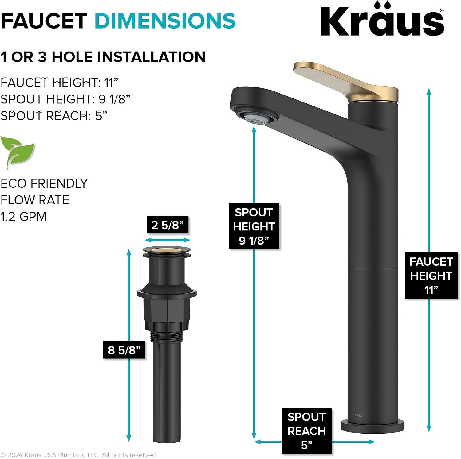 KRAUS Indy Bathroom Faucet for Vessel Sink in Spot-Free Brushed Brass/Matte Black with Single Handle, Pop Up Drain and Supply Lines, KVF-1410SFBBMB