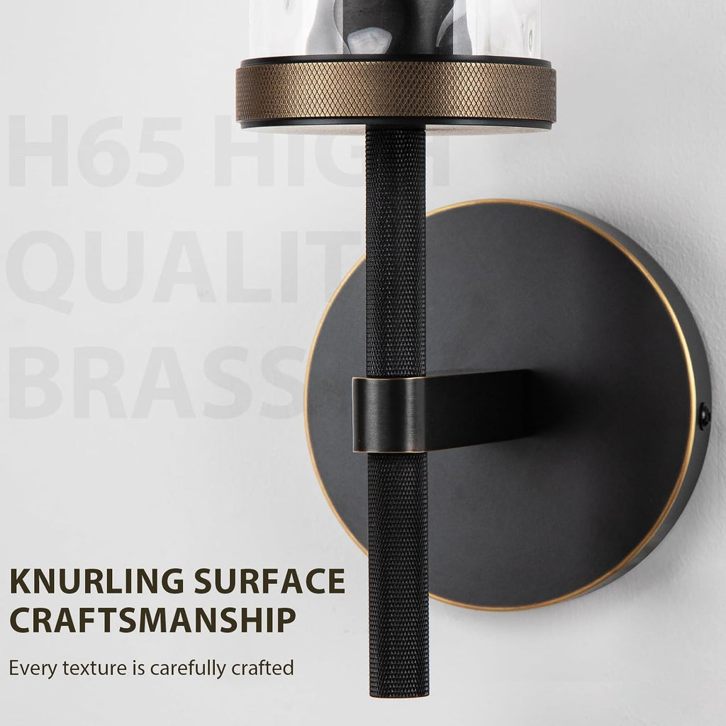 15' Knurled Brass Wall Sconce with Water Ripples Glass Tube, Black Gold Bathroom Vanity Light Fixtures, Modern Lamp Lighting for Bedroom, Living Room, Hallway, Staircase, Mirror, Kitchen