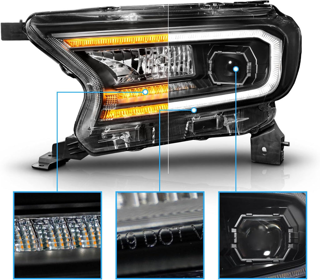 AmeriLite for 2019-2022 Ford Ranger XL/XLT Pickup Switchback LED Sequential Signal Tube Black Square Projector Headlight Set - Passenger and Driver Side