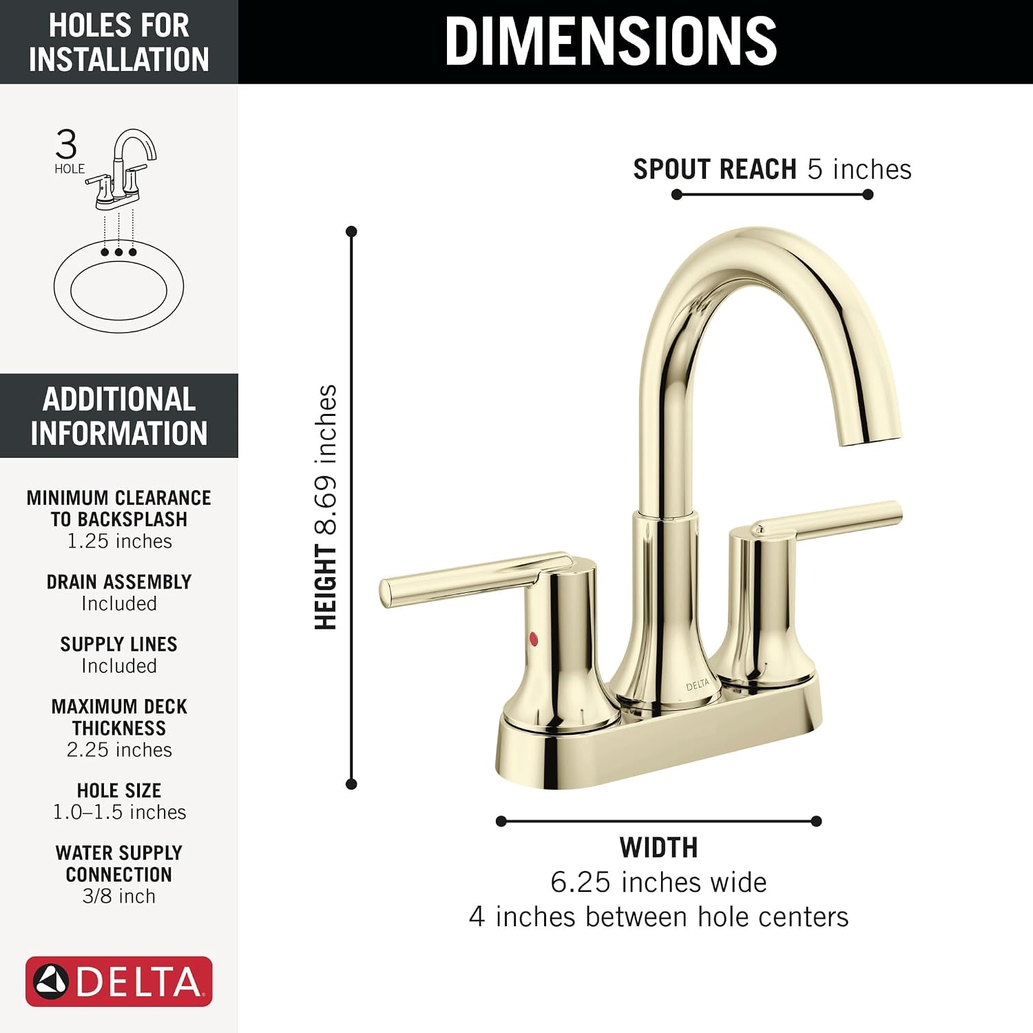 Delta Trinsic High Arc Centerset Bathroom Faucet, Polished Nickel 3-Hole Bathroom Sink Faucet, Metal Push-Pop Drain Assembly, Polished Nickel 2559-PNMPU-DST