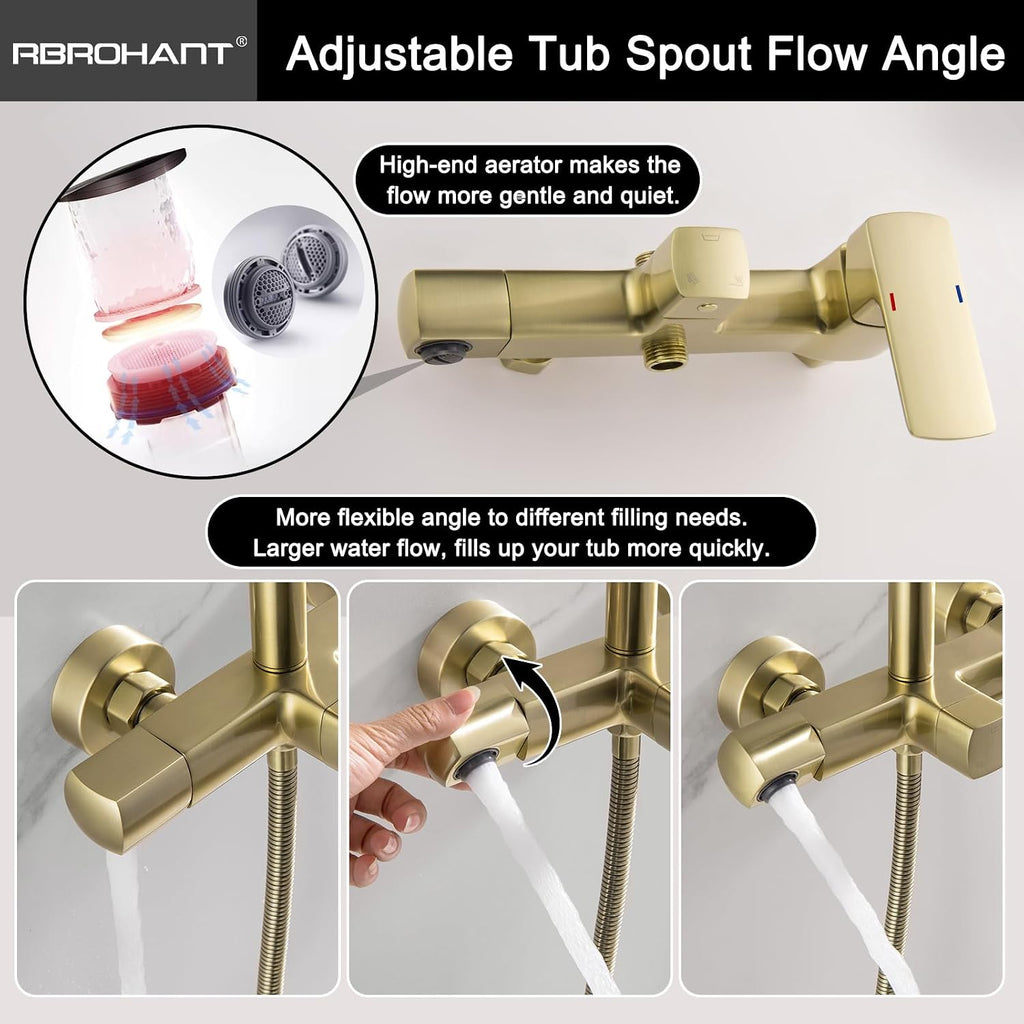 RBROHANT Exposed Shower System with Tub Spout, Brushed Gold Exposed Pipe Shower Faucet with 3 Functions Brass Shower Valve, Shower Height Adjustable, Wall Mounted