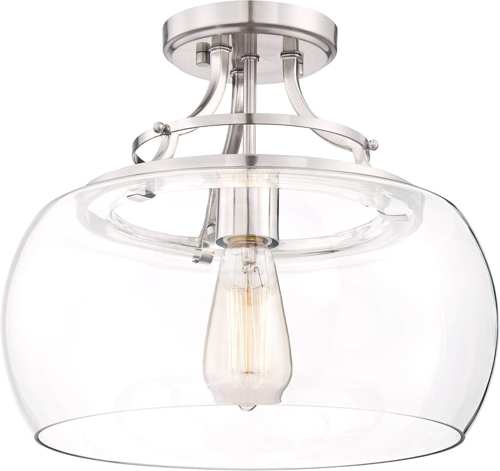 Franklin Iron Works Charleston Industrial Rustic Farmhouse Ceiling Light Semi Flush-Mount Fixture 13 1/2' Wide Brushed Nickel LED Clear Glass Shade for Bedroom Kitchen Living Room Hallway Dining