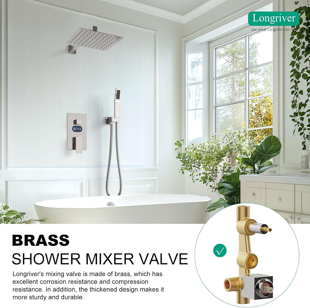 Shower Faucet Set with Hydro Power Temperature Display, Shower System Bathroom 10 Inches Shower Head with Handheld Spray, Wall Mounted Shower Fixtures with Shower Valve and Trim Kit, Brushed Nickel