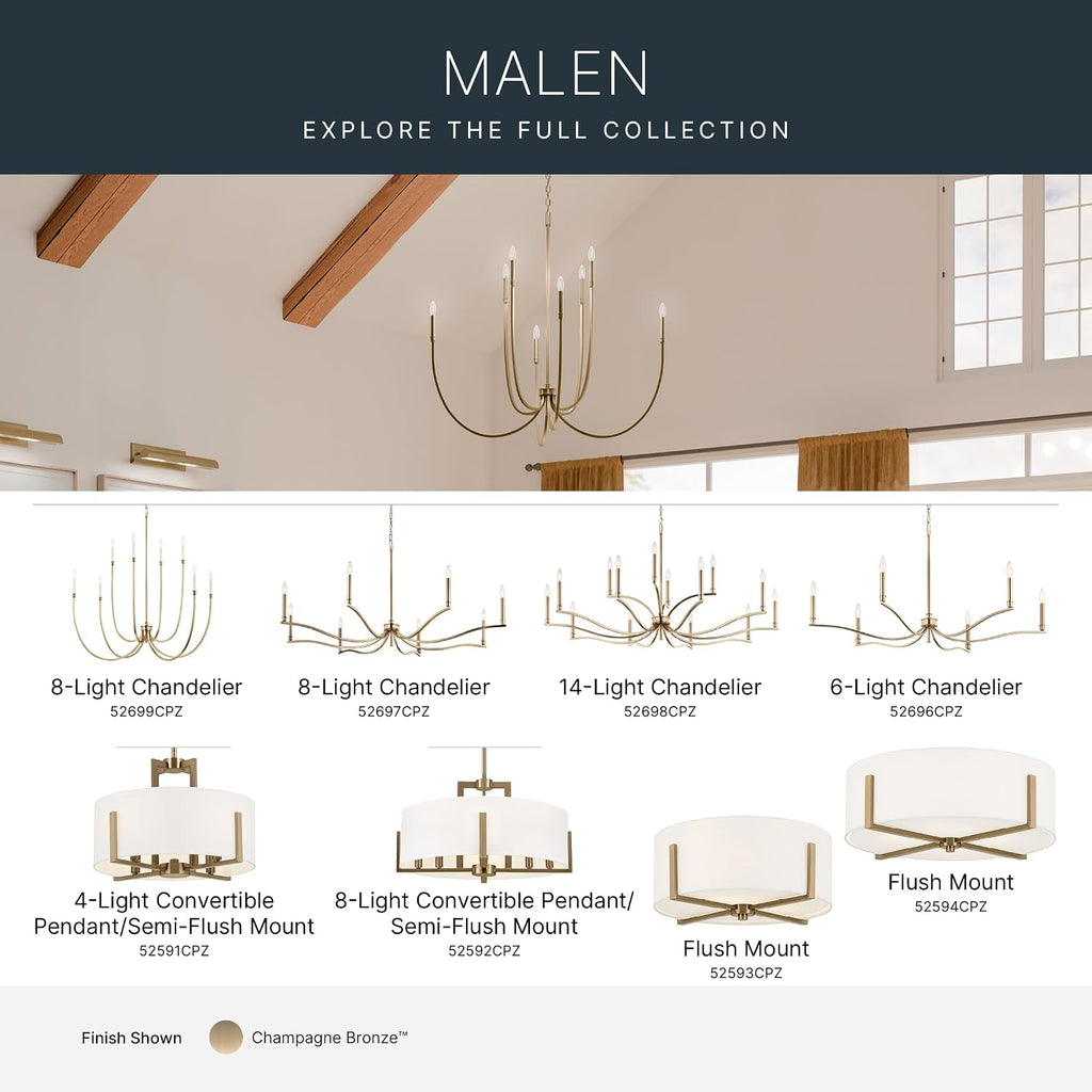 Kichler Malen 4-Light Semi Flush Mount Ceiling Light Fixture, Modern Convertible Semi-Flush or Pendant Light with Fabric Shade in Champagne Bronze, Bedroom or Hallway, (15' Dia x 14.25' H), 52591CPZ