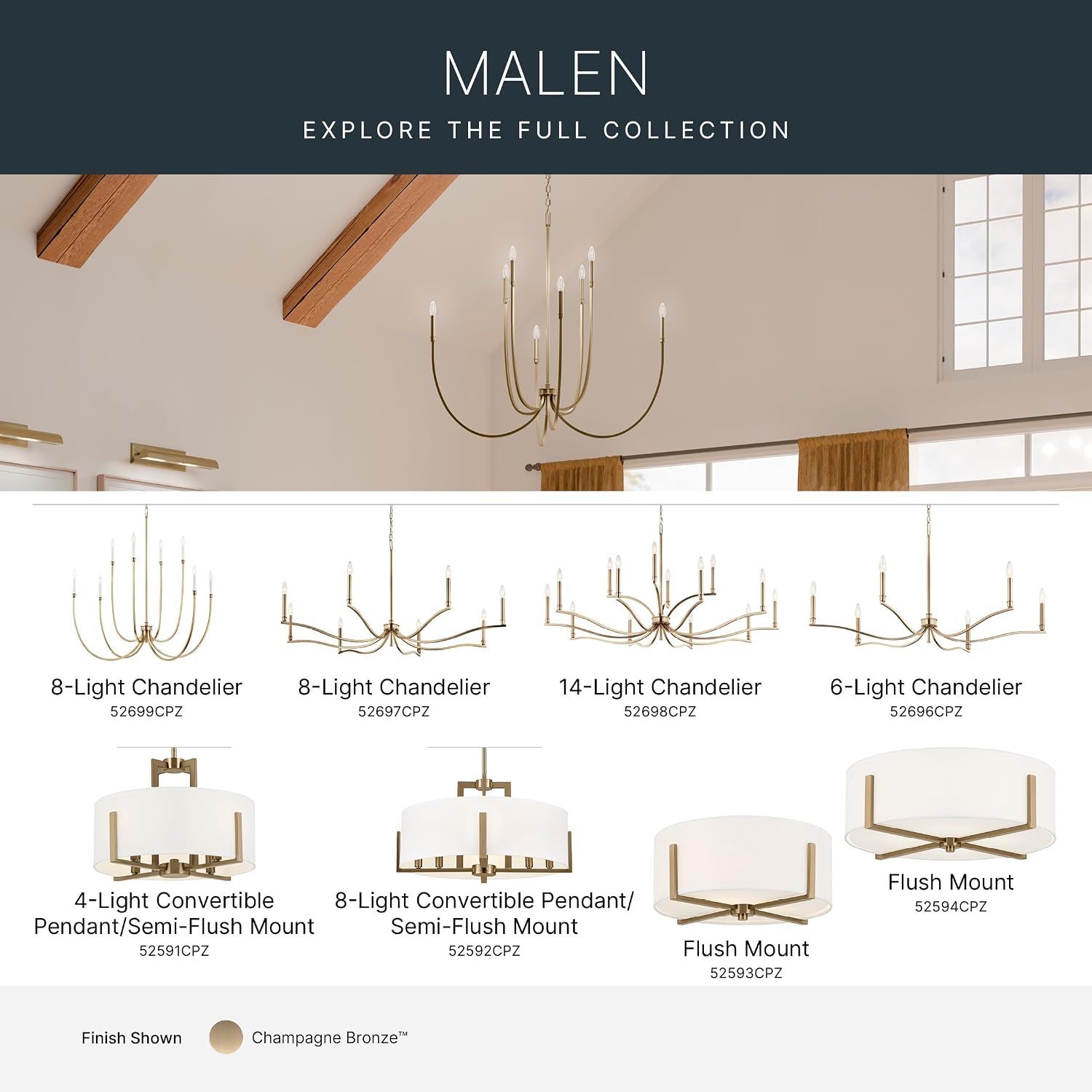 Kichler Malen 4-Light Semi Flush Mount Ceiling Light Fixture, Modern Convertible Semi-Flush or Pendant Light with Fabric Shade in Champagne Bronze, Bedroom or Hallway, (15' Dia x 14.25' H), 52591CPZ