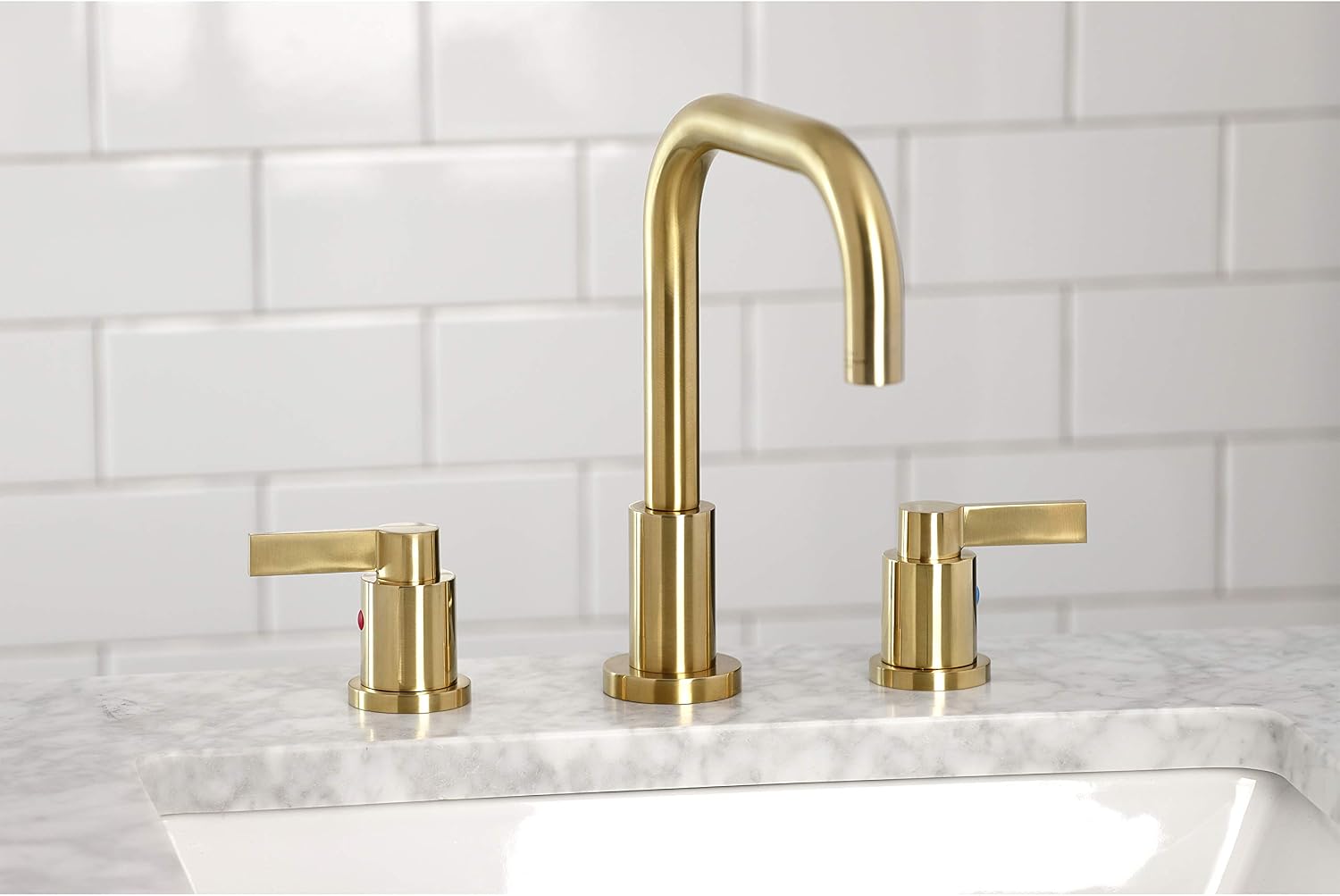 Kingston Brass FSC8933NDL NuvoFusion Widespread Bathroom Faucet with Pop-Up Drain, Brushed Brass, 10.5 x 6.81 x 9.5