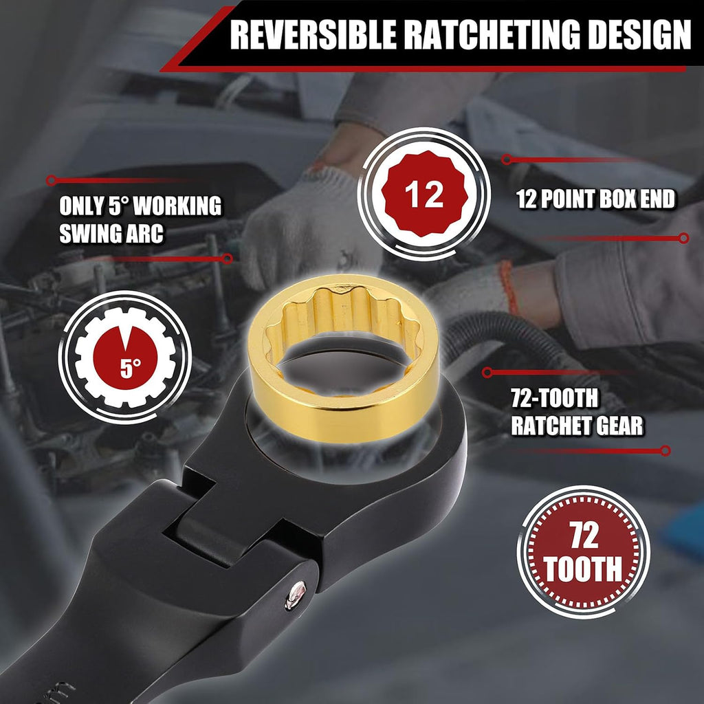 Mayouko 26PCS Flex Head Ratcheting Combination Wrench Set, SAE 1/4'-7/8' & Metric 6-22mm, 12 Point, 72 Tooth, Cr-V Steel with Black Chrome Finish