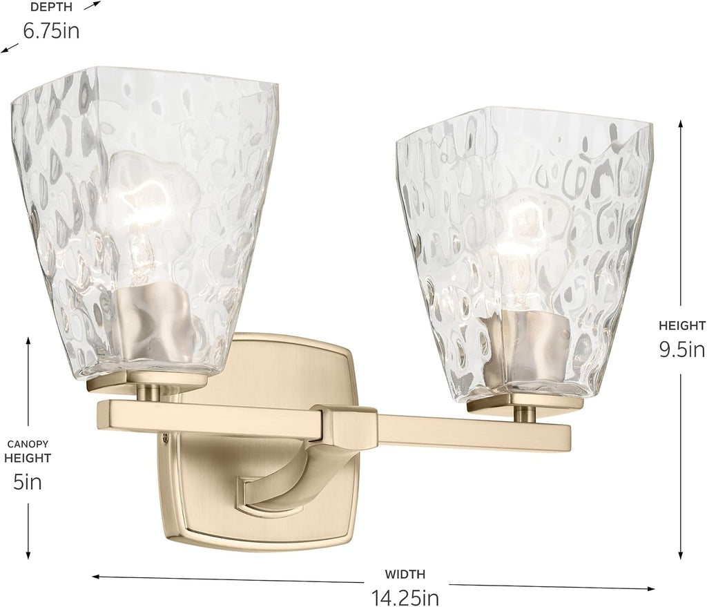 Kichler Marant 14.25' 2-Light Bathroom Vanity Light Fixture with Clear Water Glass in Champagne Bronze for Powder Room Over Mirror (14.25' W x 9.5' H), 55215CPZWTR