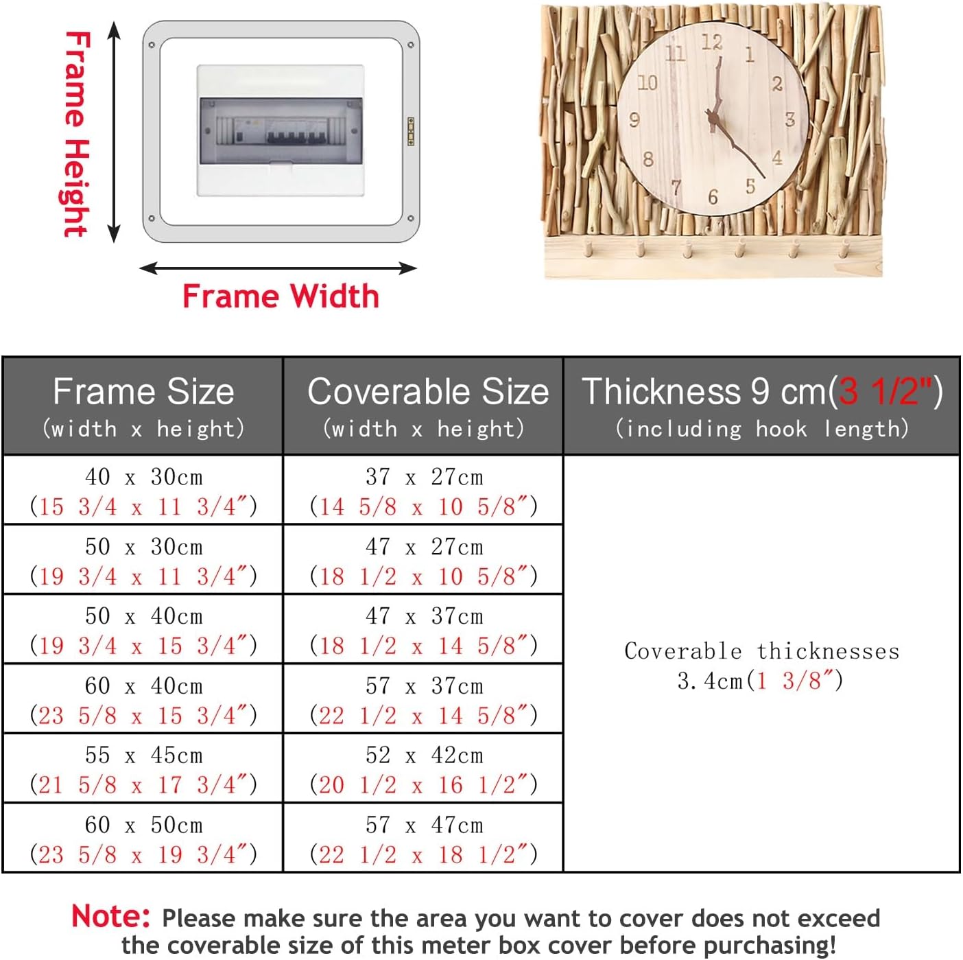 Electrical Panel Cover Wood Fuse Box Cover Cabinet Decorative, Retro Clock Breaker Box Cover Panel with Hook, Easy-to-Install Meter Box Cover for Home Office Dorm(WXH-55 x 45CM(21.7 x 17.7))