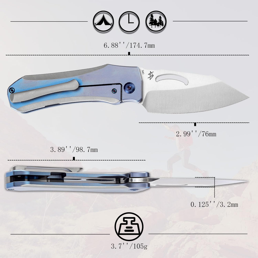 KANSEPT Loki Pocket Folding Knives for Men EDC Camping Folding Knife 2.99'' Satin CPM S35VN Blade Material Pocket with Plain & Blue Anodized Titanium Handle Everyday Carry K1058A2