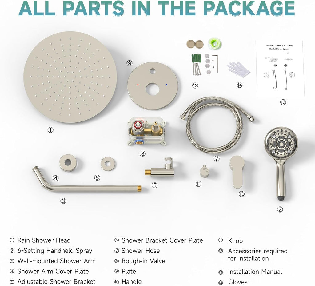 SR SUN RISE Shower Faucet - 12 Inch Multifunctional High Pressure Shower Head System with Handheld Shower Head Fixtures - Valve Included - Brushed Nickel