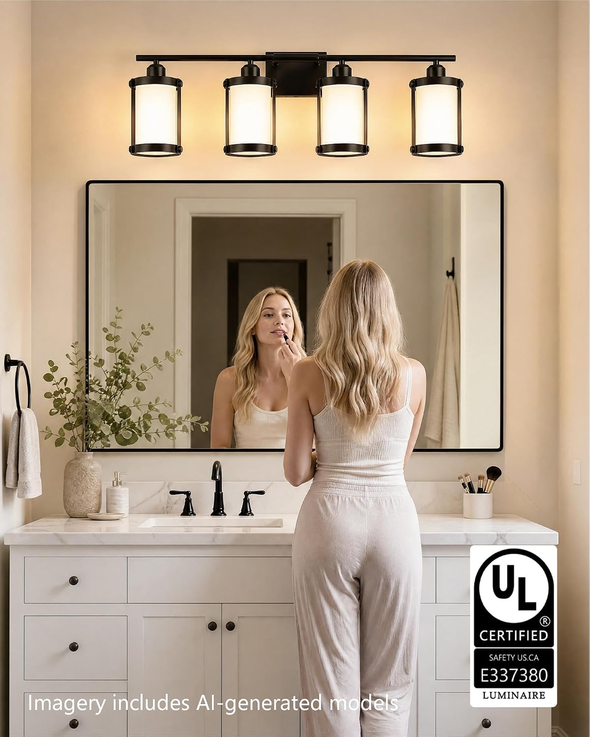 4-Light Black Bathroom Light Fixtures with Milk White Frosted Glass, 29' UL-Listed Modern Wall Sconce Over Mirror with Metal Cage for Bath, Hardwire E26, OS-3014BKW-4W