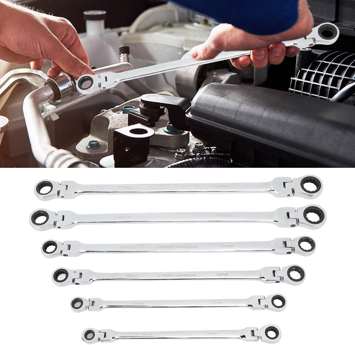 Zyyini 6pcs Flex Head Ratcheting Wrench Set, Steel Extra Long Double Box End Ratchet Wrench, Metric 8-19mm, for Mechanical, Automotive, Appliance Repair