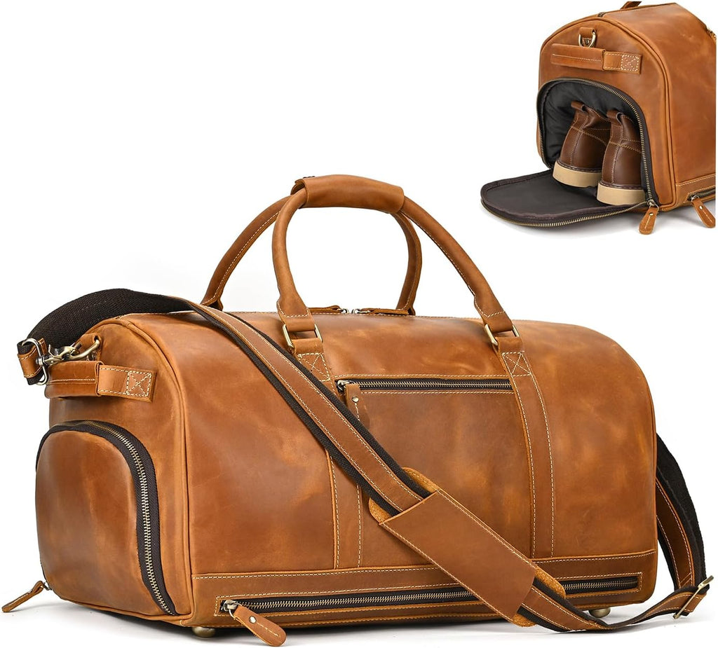 LUUFAN Full-grain Leather Travel Bag Large Capacity Duffel Luggage Bag with Shoe Compartment, Men Weekend Overnight Bag for Business Holiday Trip, Light Brown