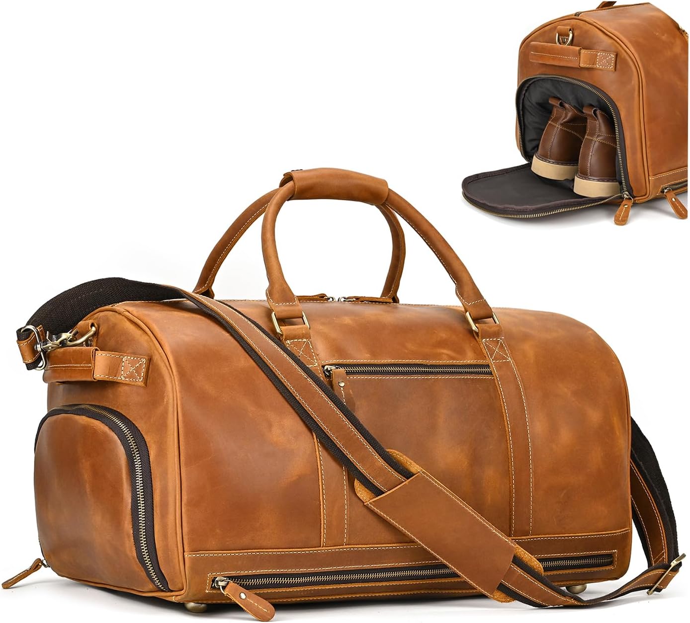 LUUFAN Full-grain Leather Travel Bag Large Capacity Duffel Luggage Bag with Shoe Compartment, Men Weekend Overnight Bag for Business Holiday Trip, Light Brown